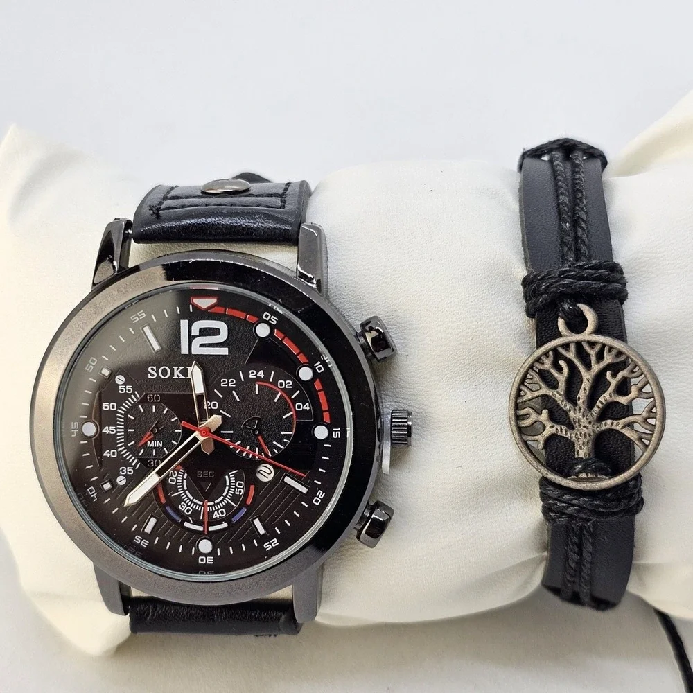 2PC Men's Watch Bracelet Set 45MM Black Dial Date Black‎ Leather Bands Working